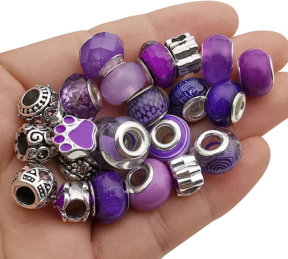 50pcs Assorted Purple Resin Imitation Glass European Large Hole Beads  Rhinestone Metal Spacer Charms Bead Assortments for DIY Crafts Bracelets  Necklaces Jewelry Making (M570-Purple)
